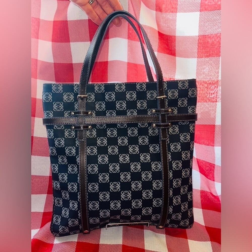 LOEWE Anagram tote bag handbag PVC leather navy light blue dark brown Rare - Picture 6 of 16